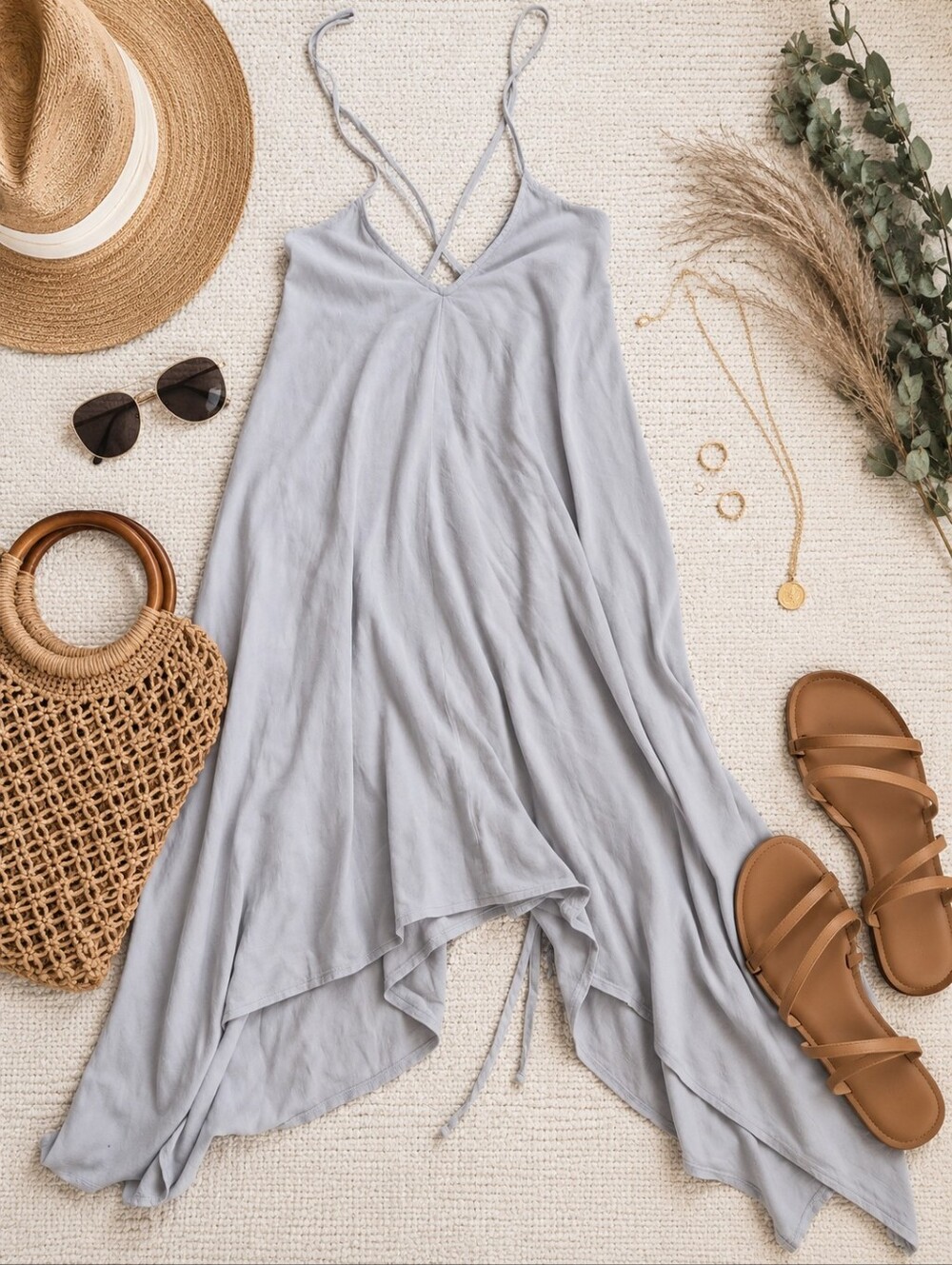Handloom Asymmetrical Boho Dress Minimalist Flowy Grey Midi Strappy Summer